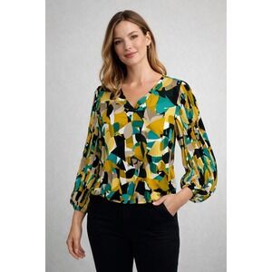 Calvin Klein Women Geometric Abstract Print Pleated Sleeve V-Neck Blouse
